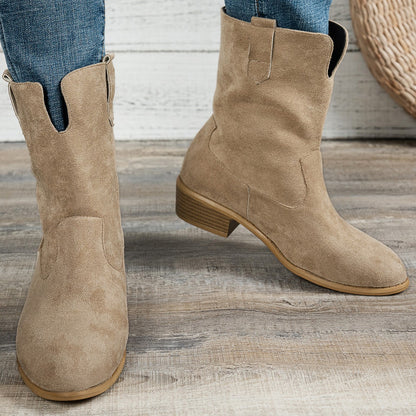 Womens Vintage Round-toe Flat Matte Leather Boots