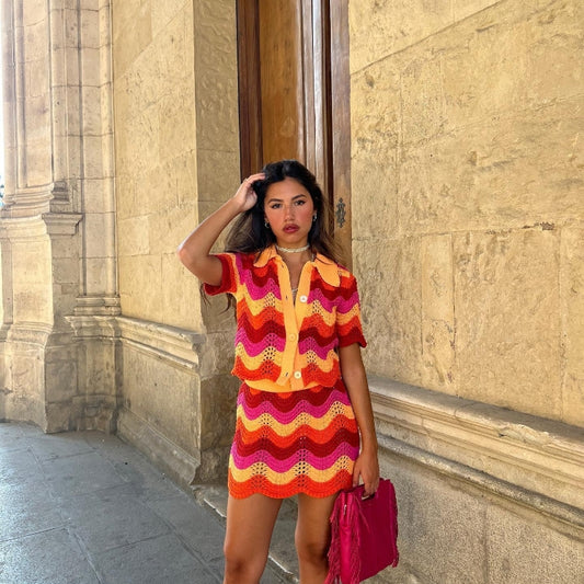 Single-breasted Sweater Mesh Skirt Knitting Suit Women