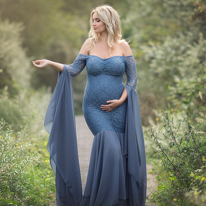 Women's Clothing Lace Stitching Pregnant Women Super Long Sleeve Dress