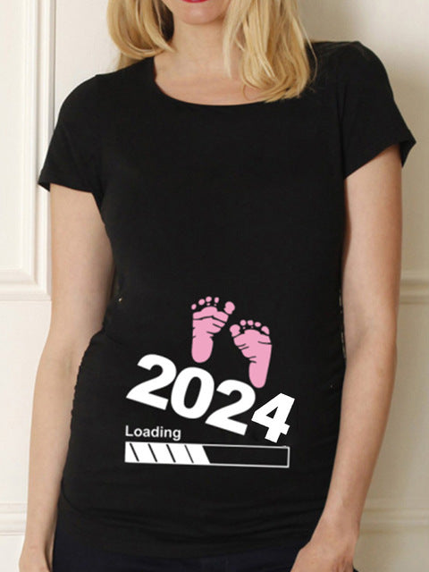 Black Pregnancy Shirt Maternity Cute Baby Print O-Neck Short
