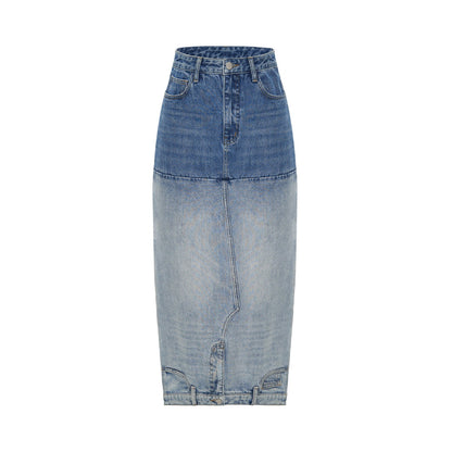 Washed Denim Long Skirts Stitching Design Women's Clothing