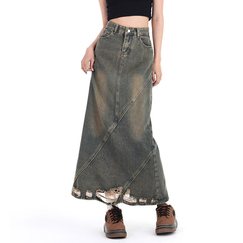 American Retro Make Old Ripped Denim Package Hip Skirt Women
