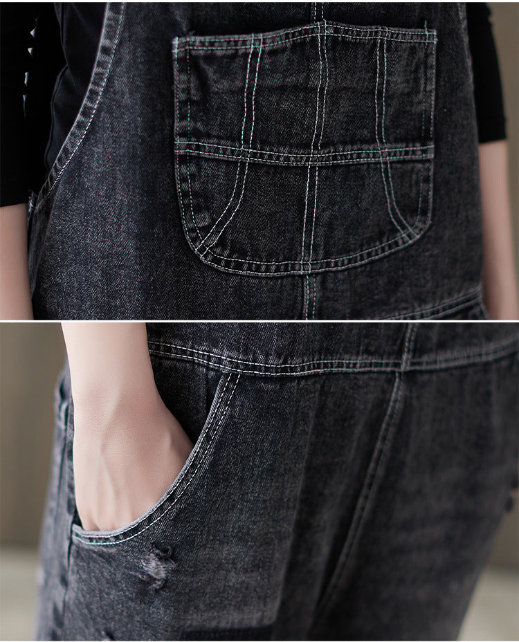 Korean Version Of Large Size Fat Sister Thin Wash Jeans Suspenders Women