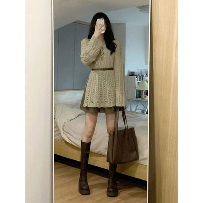 Hollow Out Sweater Pleated Skirt Suit