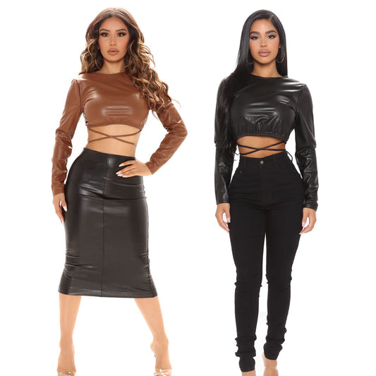 Fashion Sexy Short Umbilical PU Blouse Women