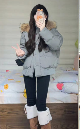 Milk Tea Color Big Fur Collar Short Down Jacket Women