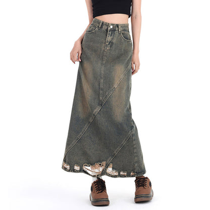 American Retro Make Old Ripped Denim Package Hip Skirt Women