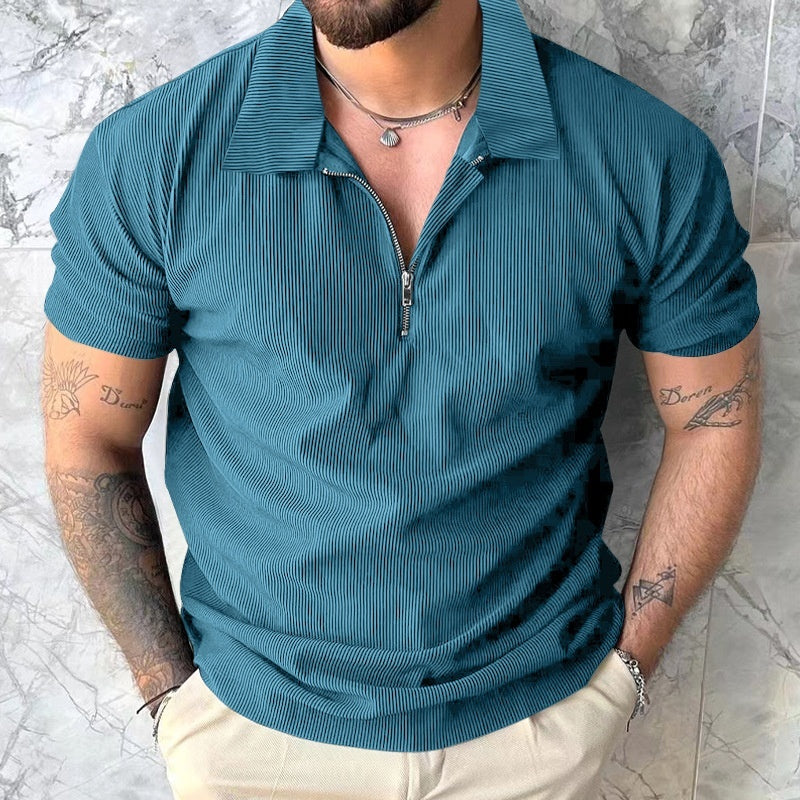 Solid Color Short Sleeve Men's Zipper Polo Shirt
