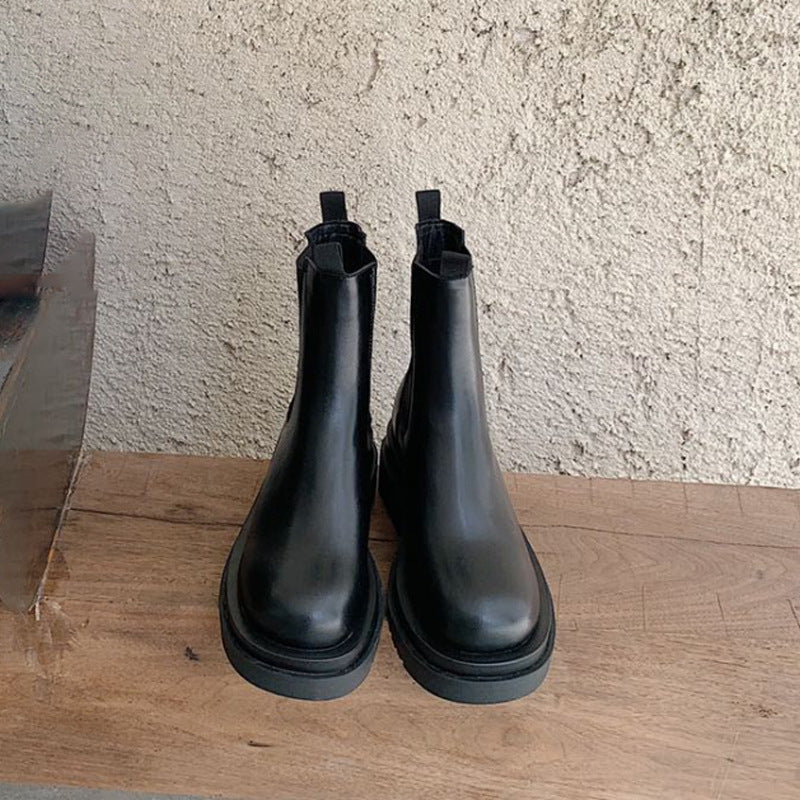Mid-calf Thick-soled Women's Leather Boots In British Style