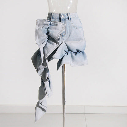 Patchwork Ruffled High Waist A- Line Denim Skirt Women