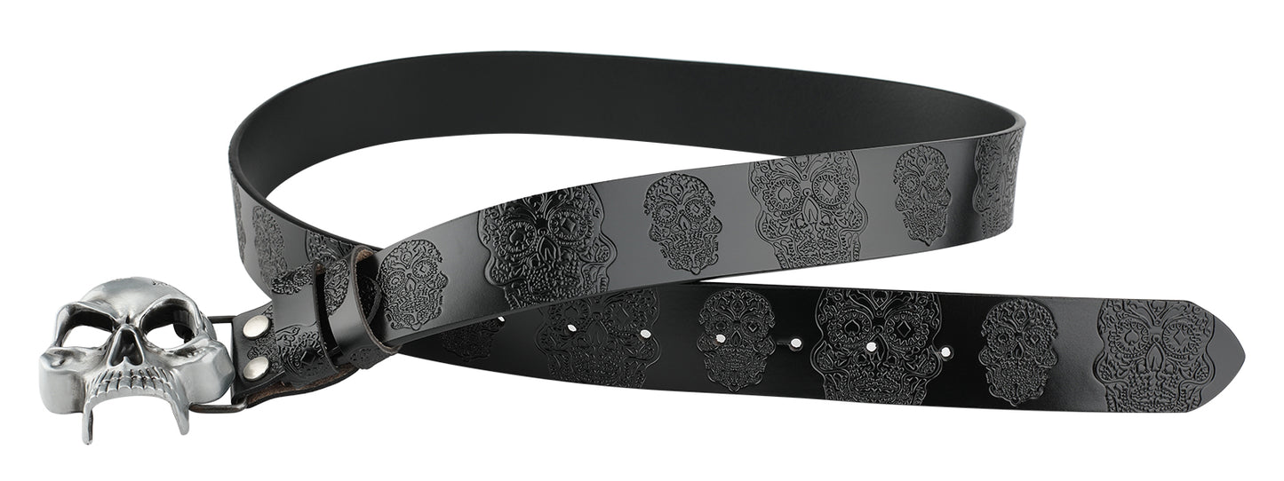 Leather Belt With Embossed Ghost Head Design And Smooth Skull Buckle