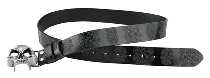Leather Belt With Embossed Ghost Head Design And Smooth Skull Buckle