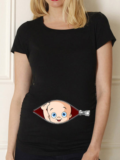 Black Pregnancy Shirt Maternity Cute Baby Print O-Neck Short