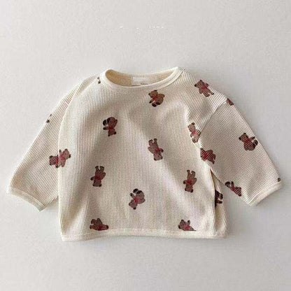 Infant And Toddler Cartoon Bear Floral Waffle Round Neck Top