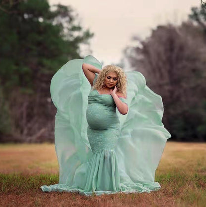 Mercerized Cotton And Chiffon Maternity Fluttering Sleeves Long Dress