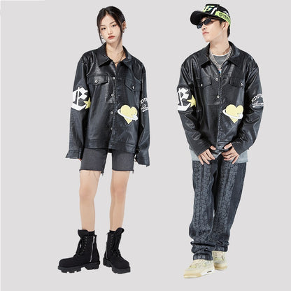 Vintage Loose Top PU Leather Jacket Coat For Men And Women