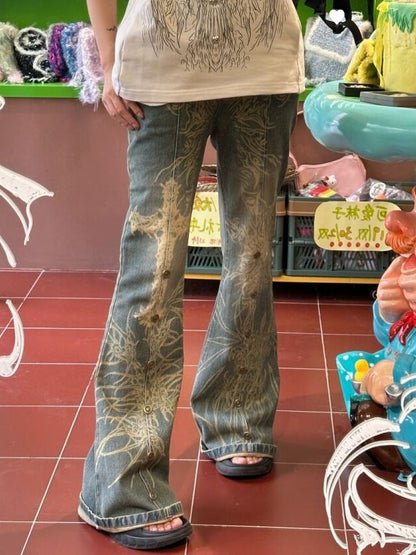 Washed Old Tattoo Slightly Flared Jeans Women