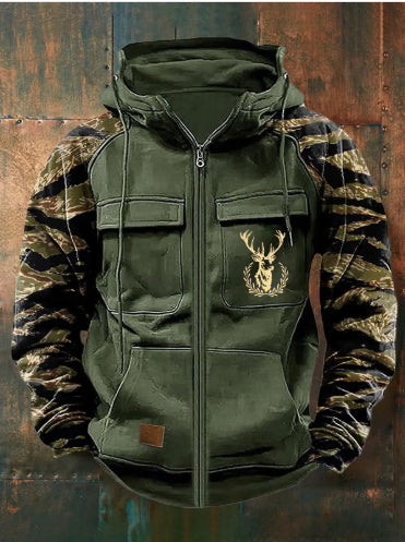 Mens Multi-Pocket Cargo Hoodie With Zippers And Color-Block Design