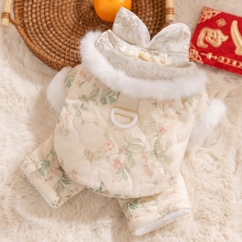 New Autumn Winter Dog Overalls Thick 4-Legged Chinese Floral Tang Style Cotton-Padded Jumpsuit Pet Clothes For Small Dogs