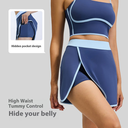 Linear Anti-exposure Built-in Pocket Fitness Yoga Fake Two-piece Skirts