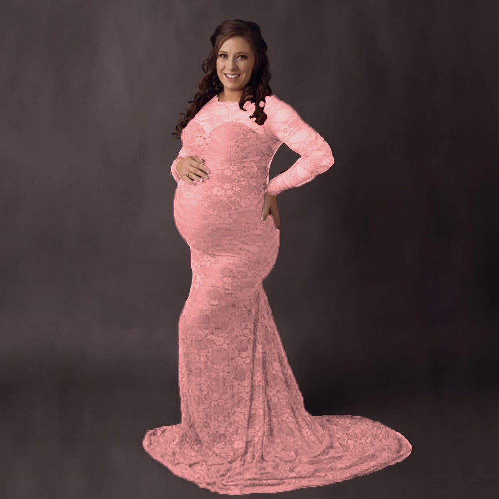 Women's Lace Maternity Round Neck Collar Trailing Long Dress