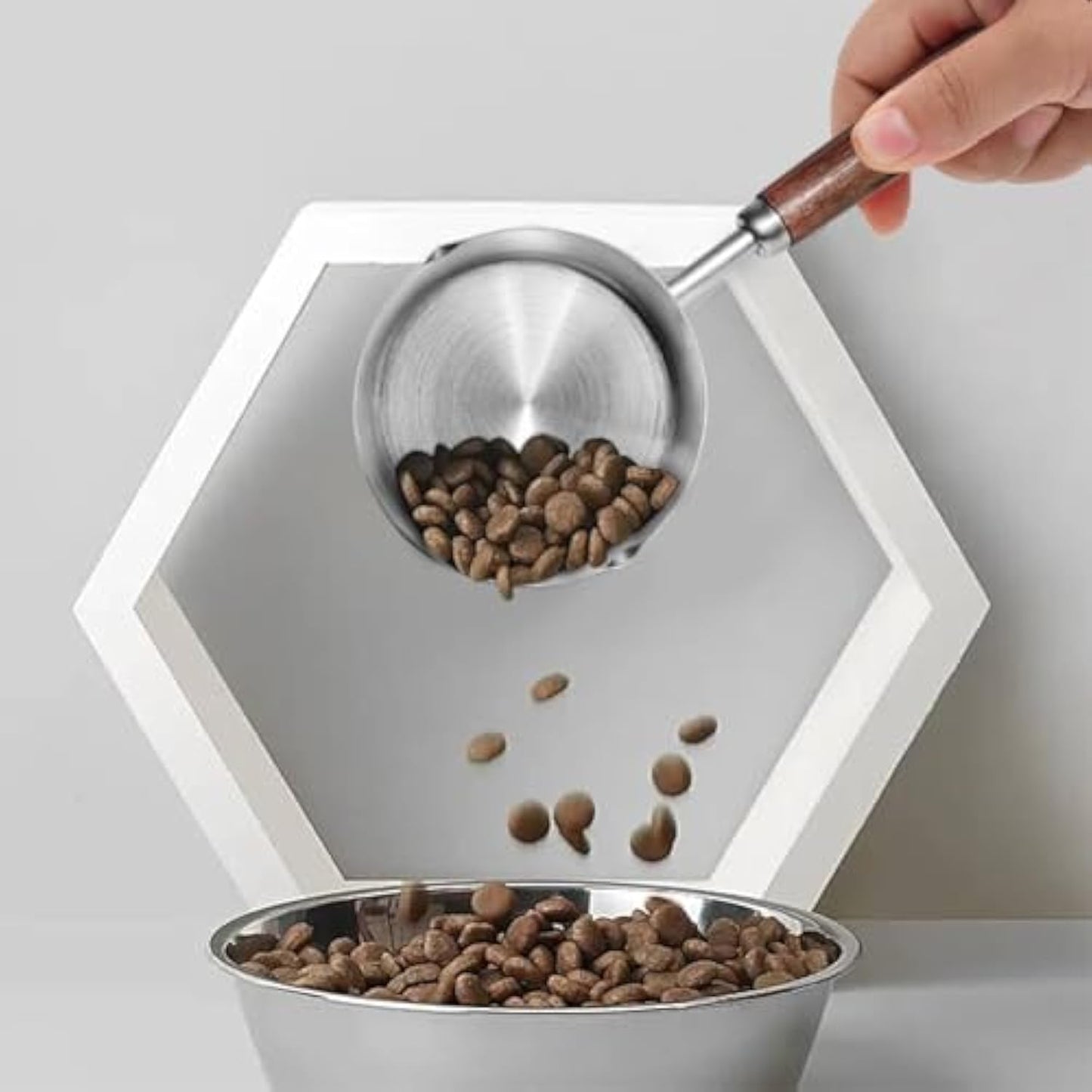 Dog Food Scoop  304 Stainless Steel Pet Food Scoop Measuring Cup With Wooden Handle