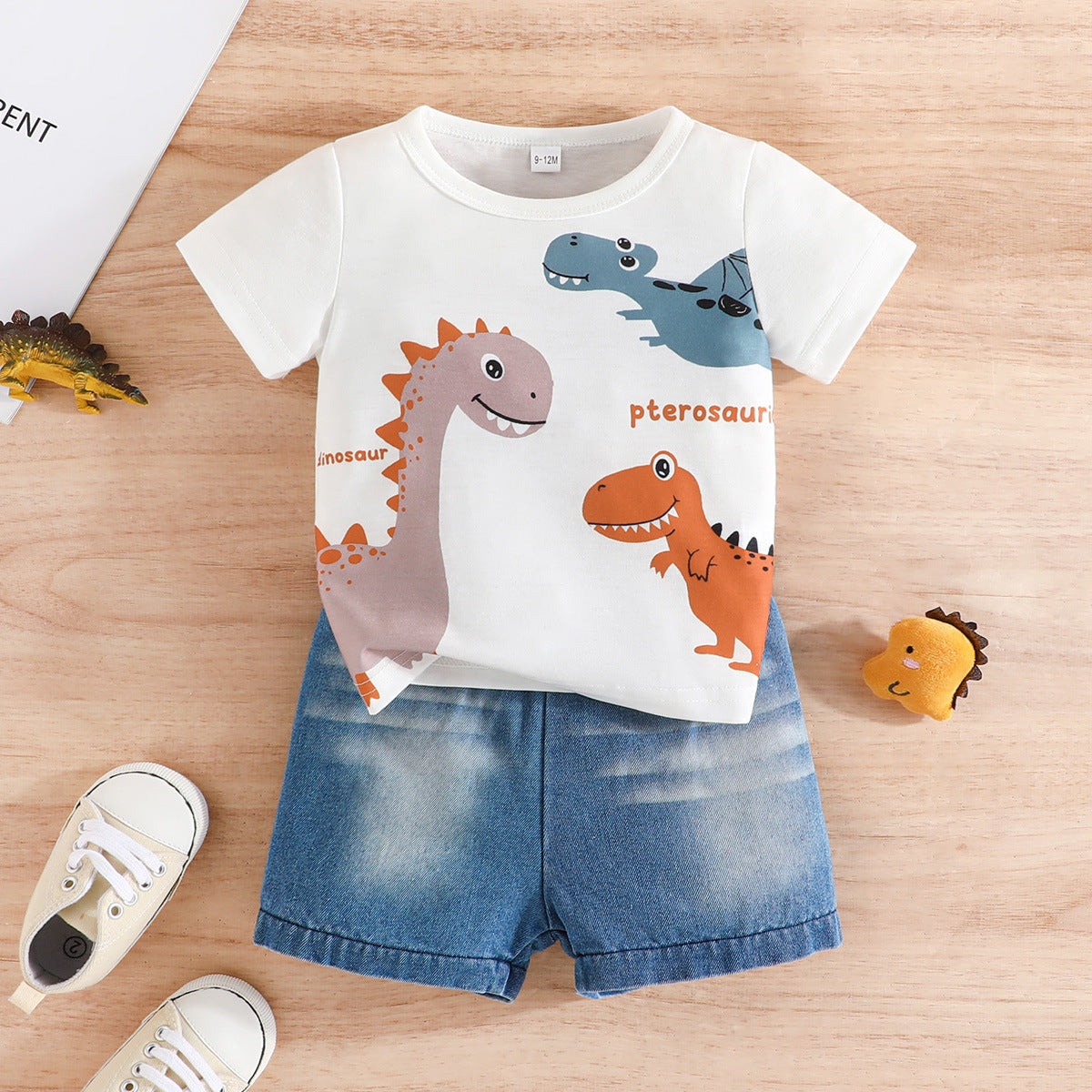 Summer Boy Dinosaur Printed T-shirt Denim Shorts Suit