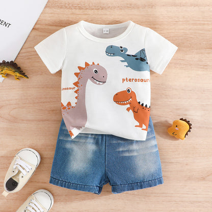 Summer Boy Dinosaur Printed T-shirt Denim Shorts Suit