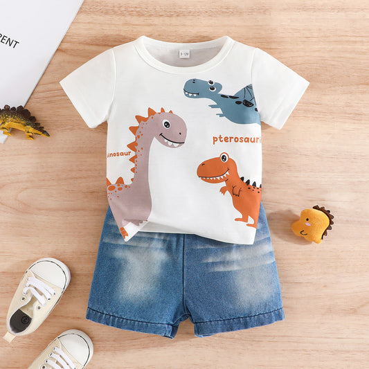 Summer Boy Dinosaur Printed T-shirt Denim Shorts Suit