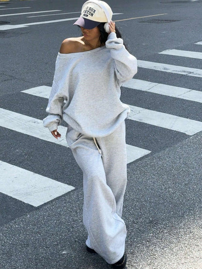 Casual Sports Style Round Neck Loose Hoodie And Casual Pants Set For Women