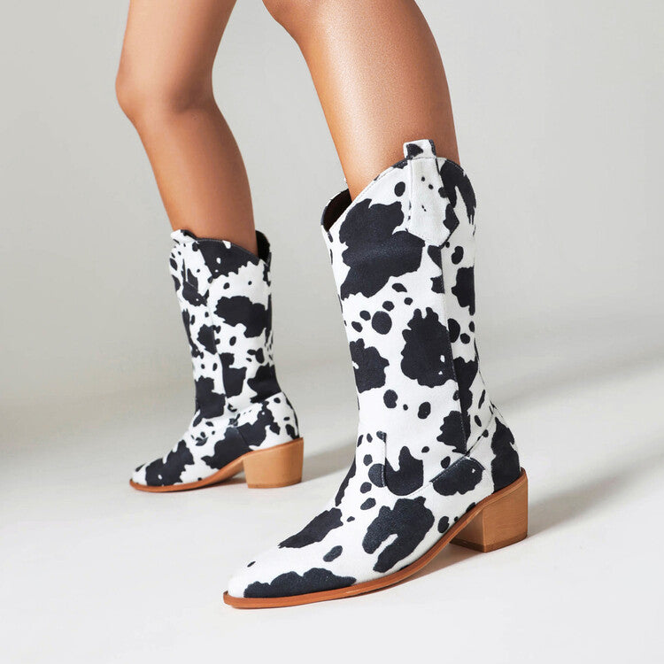 Women's Leather Boots With Cow Print Suede And Stylish
