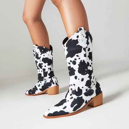 Women's Leather Boots With Cow Print Suede And Stylish