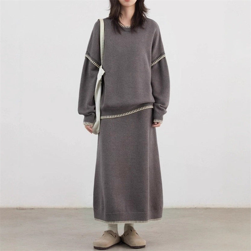 Color-contrasting Stripe Skirt Two-piece Set Idle Style Loose Pullover Sweater Set Women