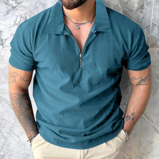 Solid Color Short Sleeve Men's Zipper Polo Shirt