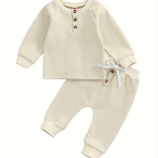 Toddler Thicken Waffle Clothes Set Boy Girls Buttons Round