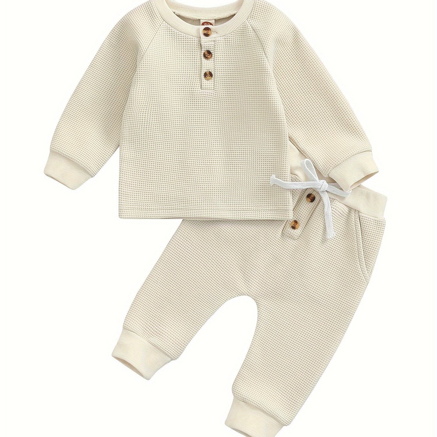 Toddler Thicken Waffle Clothes Set Boy Girls Buttons Round