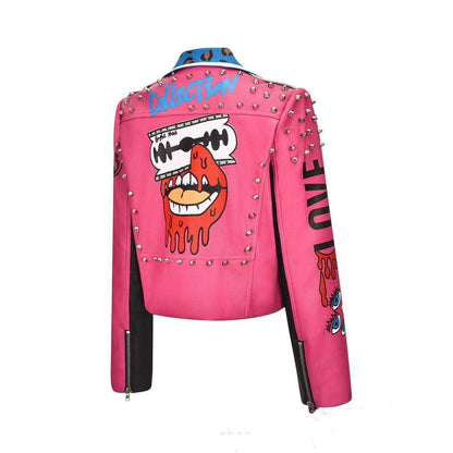 New Letter Motorcycle Printing Rivet Short Street Leather Coat For Women