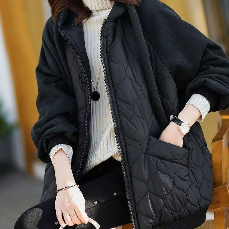Plus Size Hooded Stitching Down Cotton-padded Jacket Thick Coat