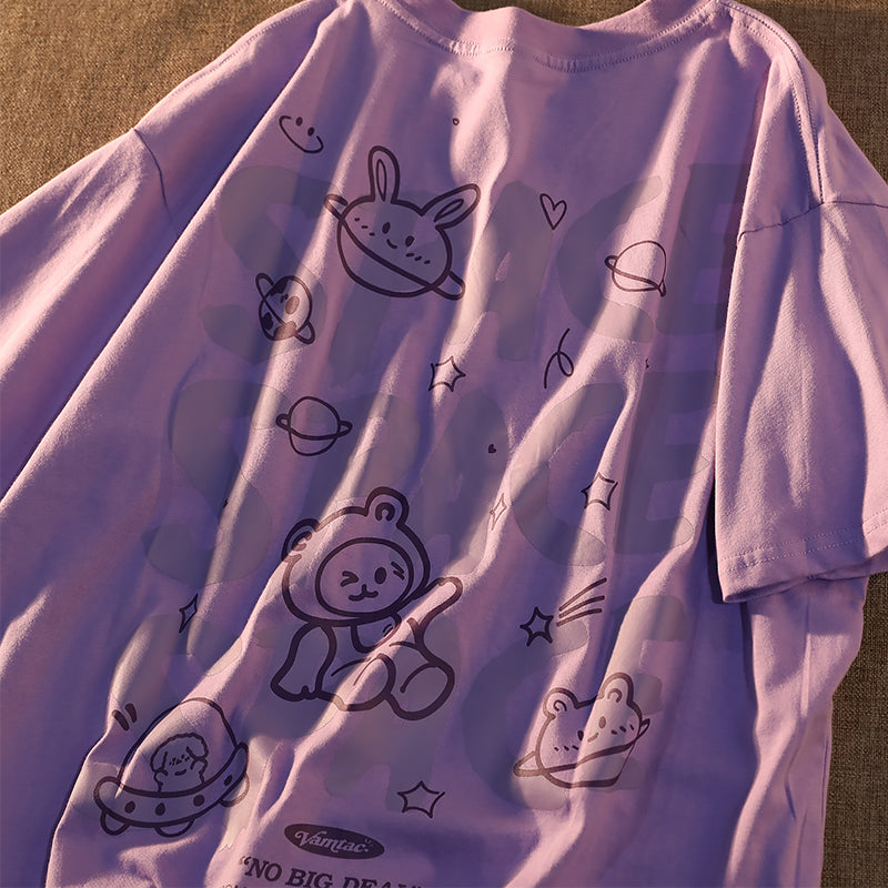 Escape From The Earth Japanese Cartoon Shortsleeved Tshirt Female Cotton Loose Couple Soft Girl Top