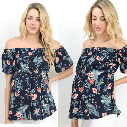 Off-neck Loose Lace-up Short Sleeve Printed Maternity Top