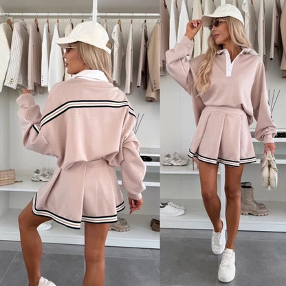 Lapel Sweater Skirt Outfit Women