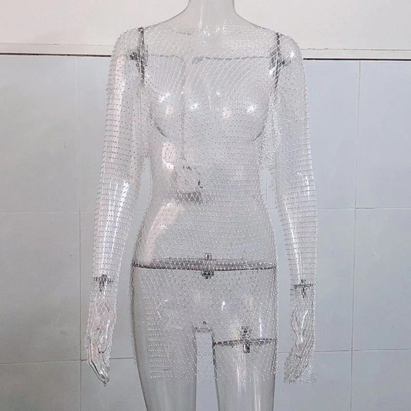 Women Rhinestone Cutout Mesh Top Blouse