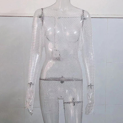 Women Rhinestone Cutout Mesh Top Blouse