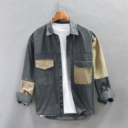 Retro Patchwork Pure Cotton Workwear Shirt Men