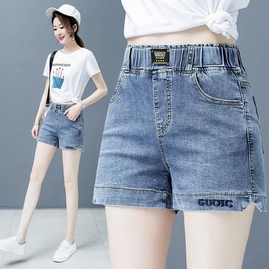 High Waist Denim Shorts Women Elastic Wide Leg