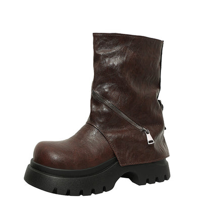 Brown Maillard-effect Thick-soled Autumn Height-increasing Baggy-trousered Boots