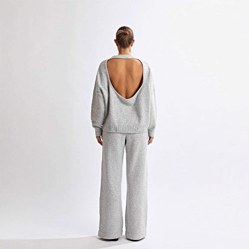 Round-neck Backless Knit Sweater Long Sleeve Pants Set For Women