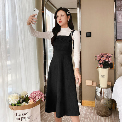 Half High Neck Bottoming Sweater Women Deerskin Velvet Waist Strappy Skirt