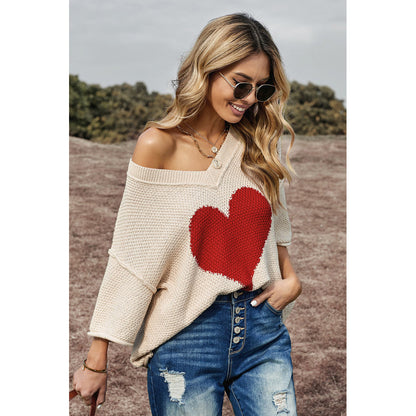 Heart-shaped Printed Long-sleeved Top Women Loose Plus Size Casual T-shirt