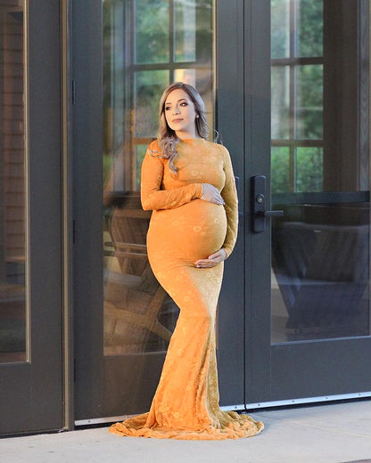 Women's Lace Maternity Round Neck Collar Trailing Long Dress
